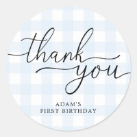 Blue Gingham Birthday Obrigado Favor Sticker