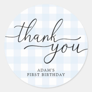 Adesivo Blue Gingham Birthday Obrigado Favor Sticker