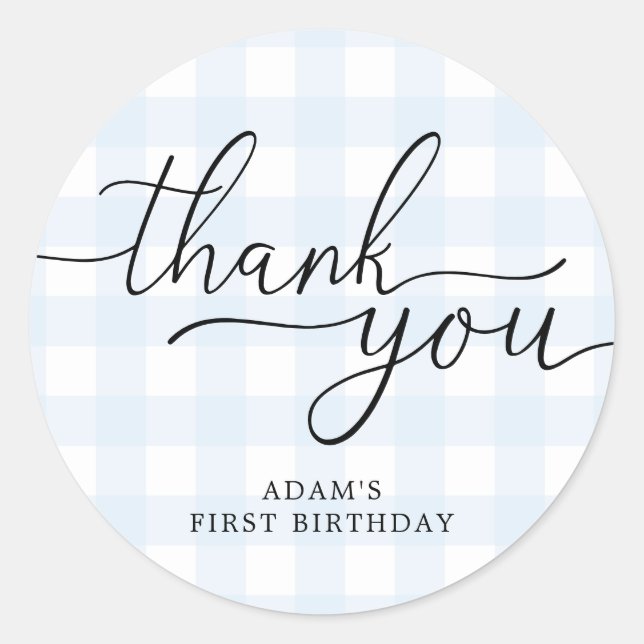 Adesivo Blue Gingham Birthday Obrigado Favor Sticker (Frente)