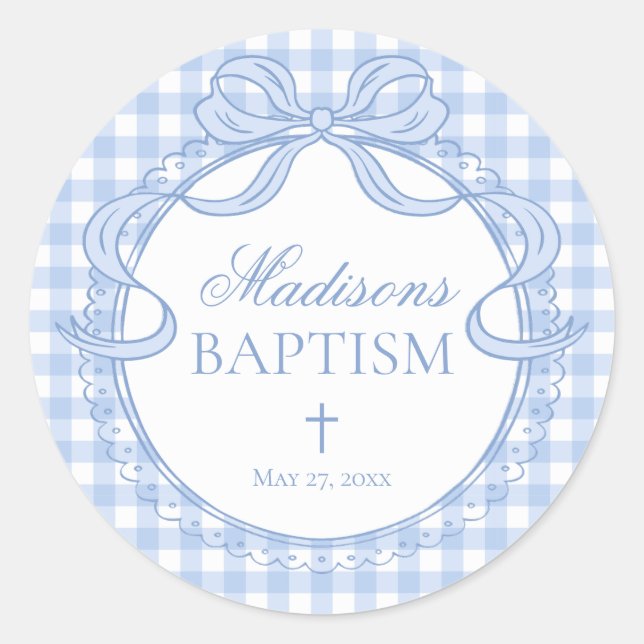 Adesivo Blue Gingham Coquette Bow Baptism Envelope Seal (Frente)