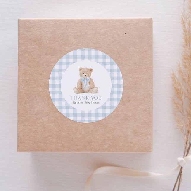 Adesivo Blue Gingham Teddy Bear Baby Shower (Criador carregado)