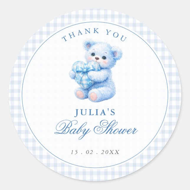 Adesivo Blue Gingham Teddy Bear Neutral Baby Shower (Frente)