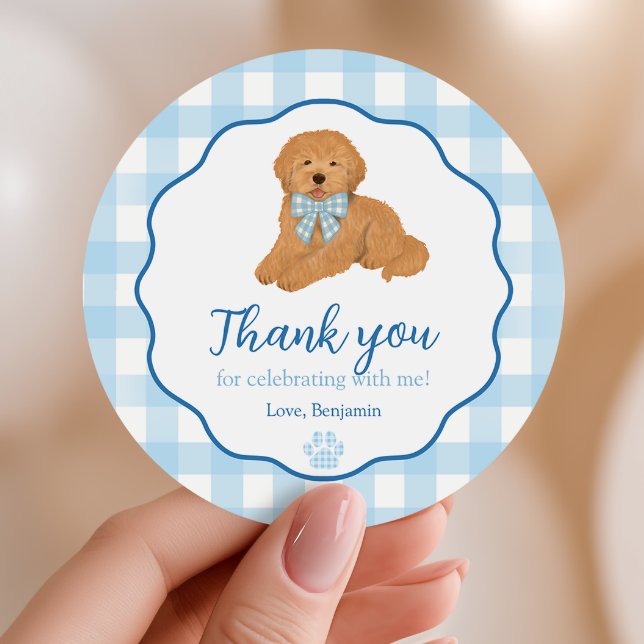 Adesivo Blue Golden Doodle Puppy Pawty Birthday Favor (Criador carregado)