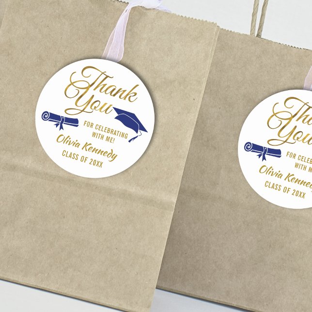 Adesivo Blue Graduation Cap Gold Thank You Script Favor (Criador carregado)