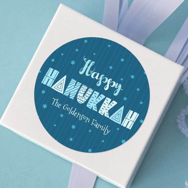 Adesivo Blue Happy Hanukkah Typografia Star Nome David (Criador carregado)