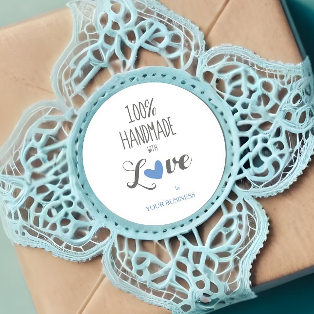 Adesivo Blue Heart 100% Handmade with Love Quote (Blue Heart 100% Handmade with Love Quote Round Sticker.)