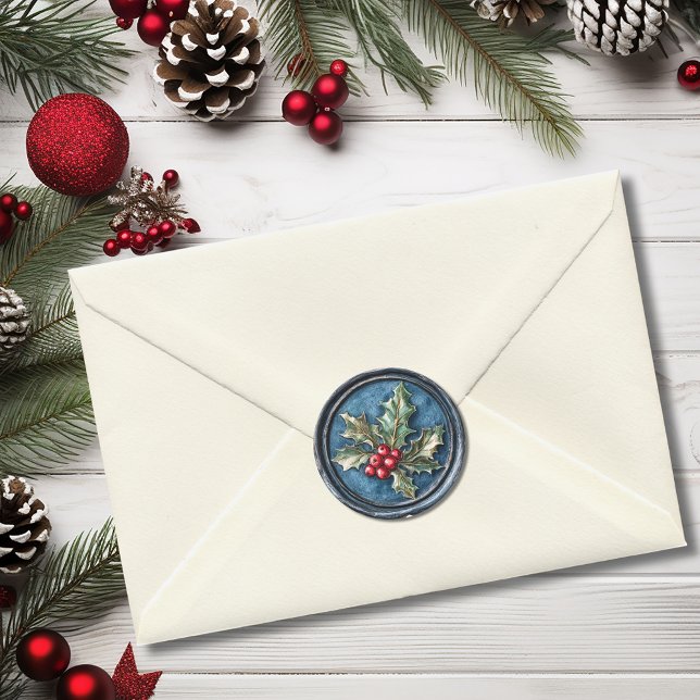 Adesivo Blue Holly Christmas Faux Wax (Blue Holly Christmas Faux Wax Classic Round Sticker)