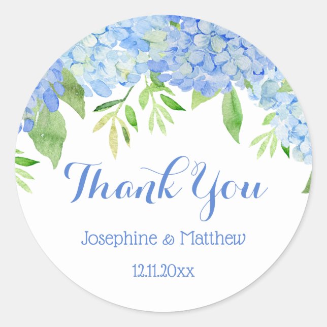 Adesivo Blue Hydrangea Floral Greenery Casamento Obrigado (Frente)