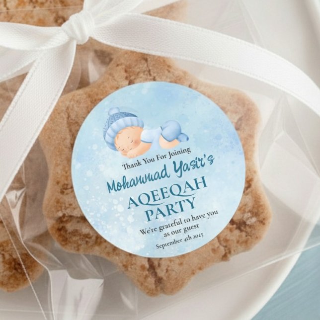 Adesivo Blue Muslim Newborn Boy Aqeqah Clássico Round (Criador carregado)