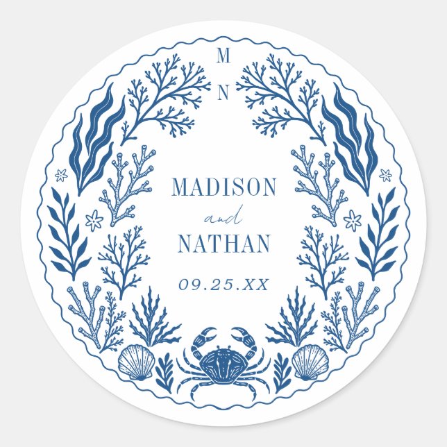 Adesivo Blue Nautical Crab Shell Ocean Beach Wedding (Frente)