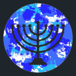 Adesivo Blue Paint Splatter Menorah<br><div class="desc">Etiquetas de menorah de tinta azul.</div>