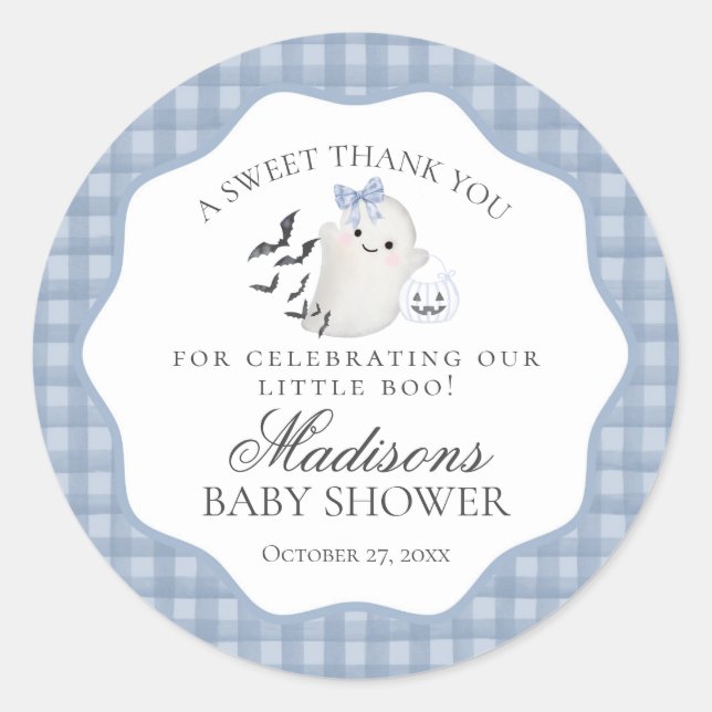 Adesivo Blue Pastel Little Boo Ghost Baby Shower Favor (Frente)