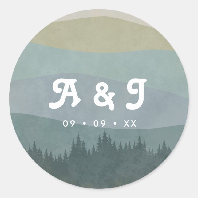 Adesivo Blue Retro Mountains and Forest Wedding Monogram (Frente)
