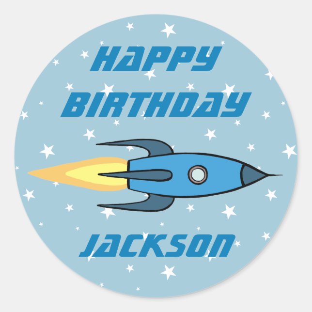 Adesivo Blue Retro Rocket Ship Personalizado Birthday Boy (Frente)