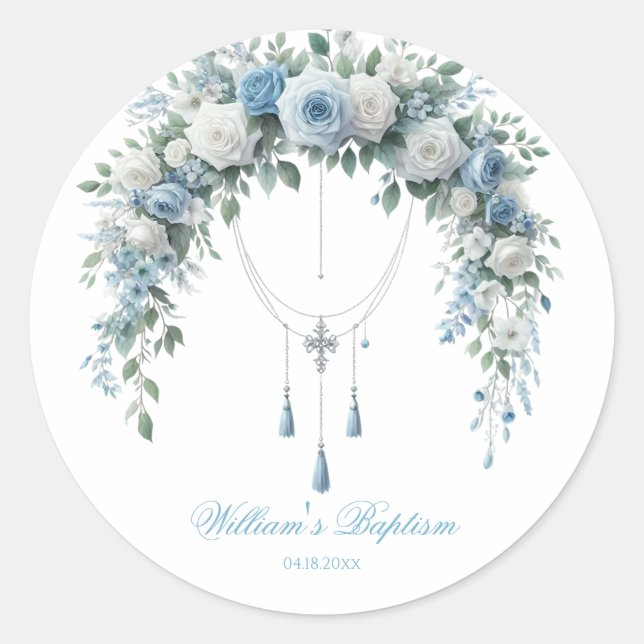 Adesivo Blue Rose & Silver Cross Baptism Favor Sticker (Frente)