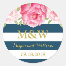 Adesivo Blue Stripes Floral Monogramas Marca de Favor de C