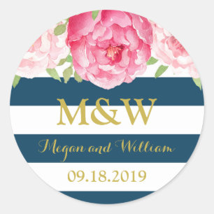 Adesivo Blue Stripes Floral Monogramas Marca de Favor de C