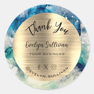 Adesivo Blue Teal Watercolor Gold Foil Elegante Obrigado