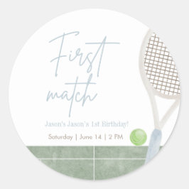 Adesivo Blue Tennis First Birthday Preppy Boy Party Round