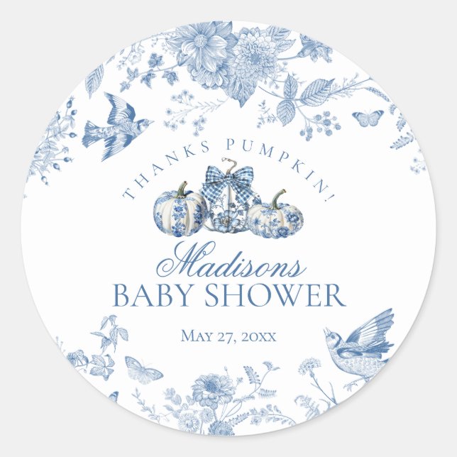 Adesivo Blue Toile Pumpkin French Fall Baby Shower Favor (Frente)