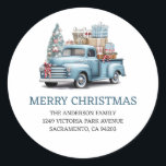Adesivo Blue Truck Merry Christmas Return Labs<br><div class="desc">Crie belas etiquetas de endereço de volta de Natal com uma cor d'água azul de caminhão carregando presentes no Natal. Personalize facilmente estas bonitas etiquetas de Natal com o seu nome e endereço familiar.</div>