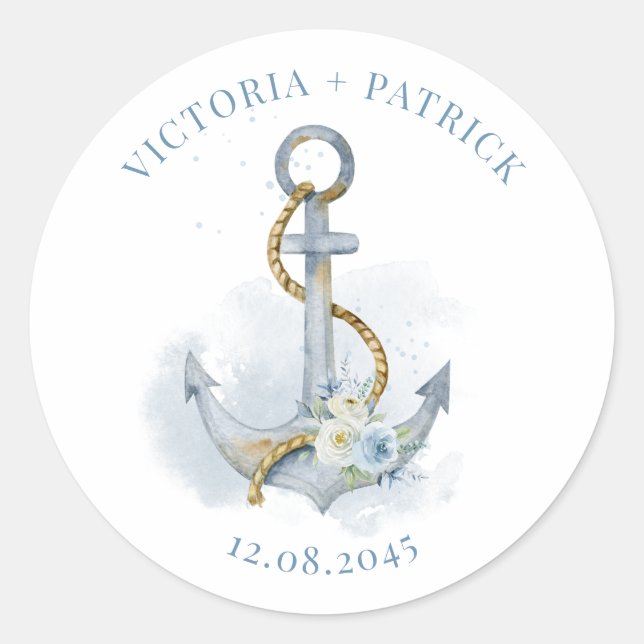Adesivo Blue Watercolor Floral Anchor Nautical Wedding (Frente)