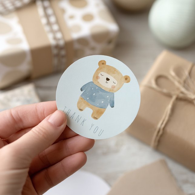 Adesivo Blue Watercolor, Urso Bonito, Obrigado sonolento (Blue boy sleepy bear thank you  sticker)