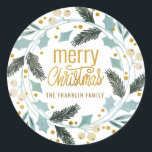 Adesivo Blue Yellow Winter Greenery Merry Christmas Name<br><div class="desc">Bonito azul e amarelo inverno verde natalino vinheta de férias de Natal com texto em uma letra de guião engraçada,  "Feliz Natal". Personalizado com seu nome ou nome de família. Estes adesivos são perfeitos para selagens de envelopes ou embrulho de presentes.</div>
