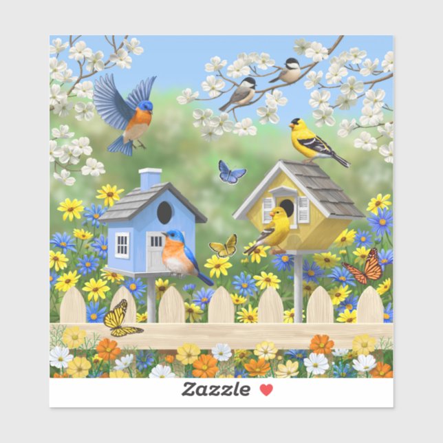 Adesivo Bluebird Goldfinches Birdhouses Fllower Garden (Folha)