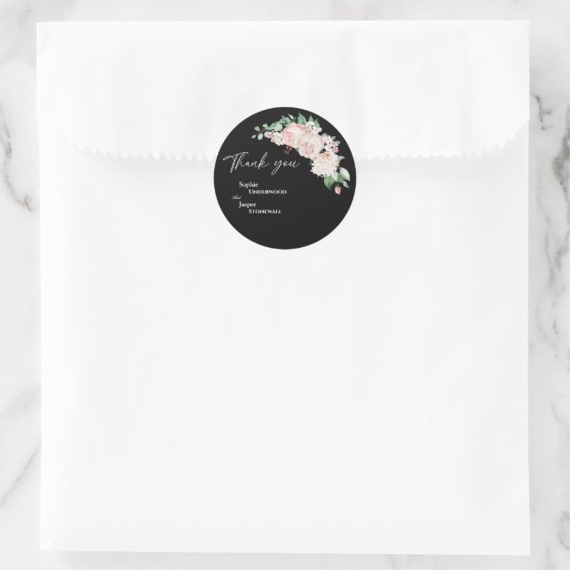 Adesivo Blush Floral Black Weding Obrigado Sticker (Bolsa)