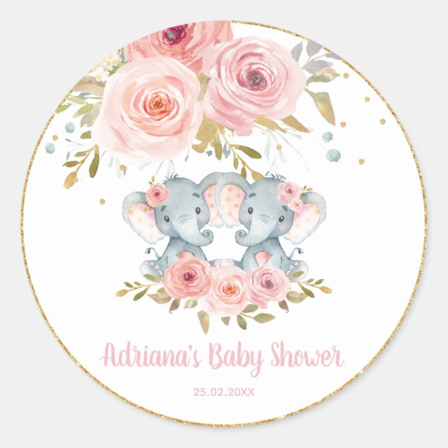 Adesivo Blush Floral Elephant Twins Baby Girl Favor do Chá (Frente)