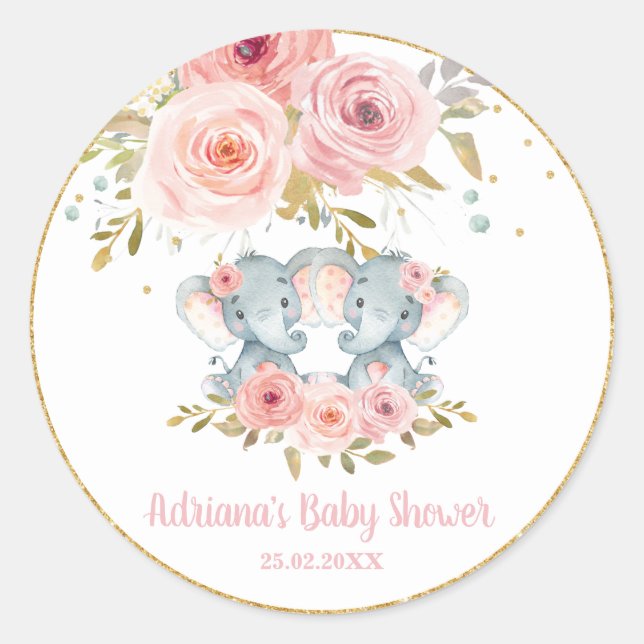 Adesivo Blush Floral Elephant Twins Baby Girl Favor do Chá (Frente)