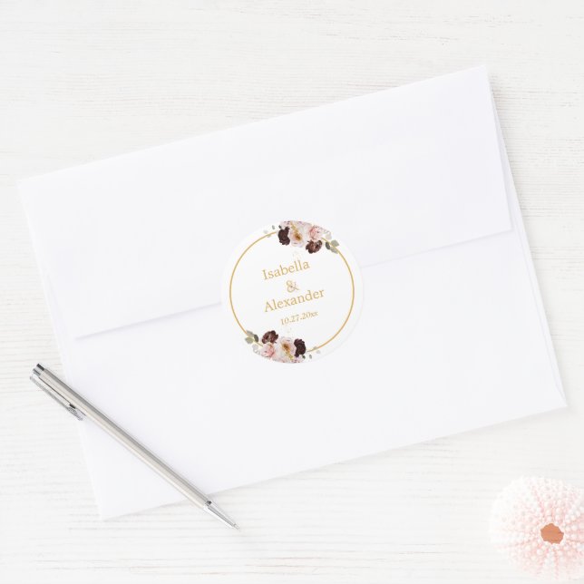 Adesivo Blush Peony e Dourado Casamento Floral Burgundy (Envelope)