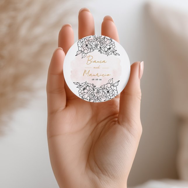 Adesivo Blush Watercolor with Elegant Black Floral (Blush Watercolor with Elegant Black Floral Classic Round Sticker)