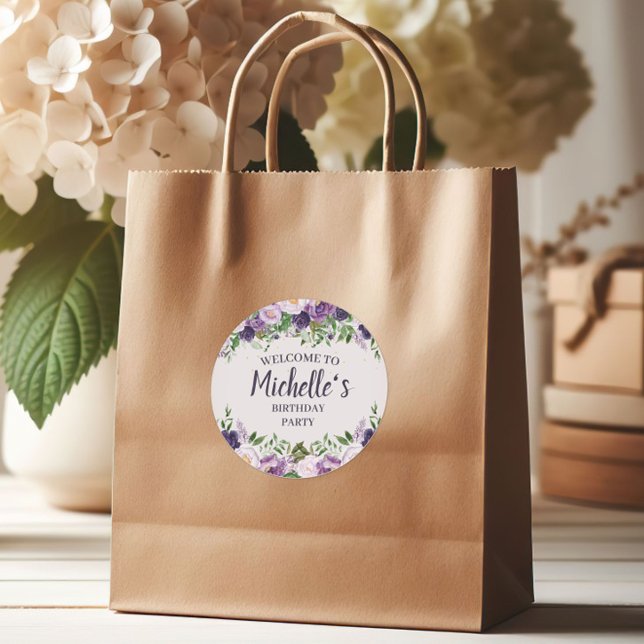 Adesivo Boas-vindas a mulheres florais (Purple peonies birthday party gift bag sticker)