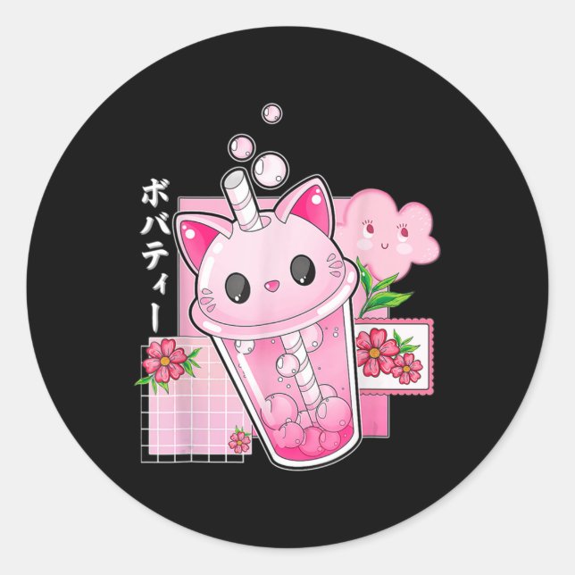 Adesivo Boba Tea Cat Bubble Tea Kawaii Anime Japonesa (Frente)