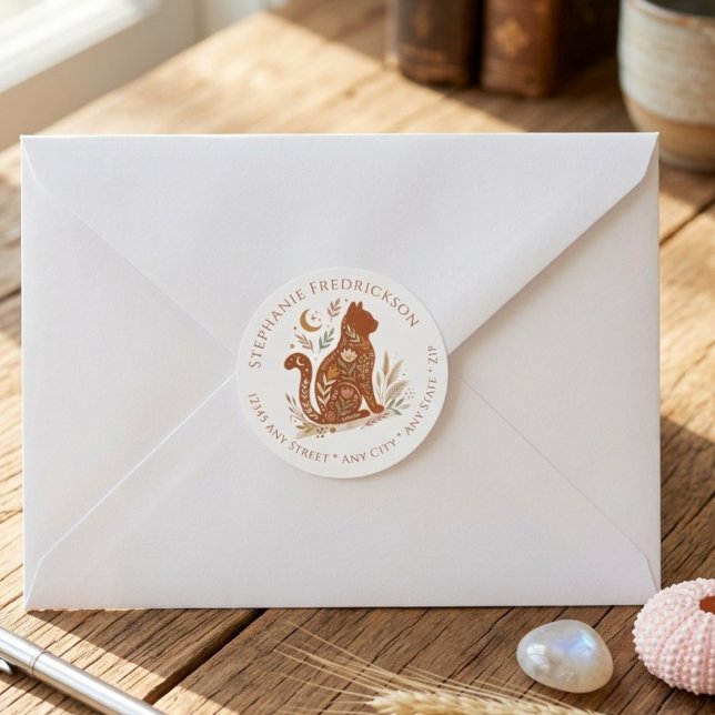 Adesivo Boho Cat Address Labels – Cat Mom Gift (Boho cat lover return address label)