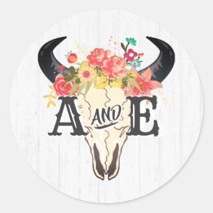 Adesivo Boho Chic Cow Skull Floral Rustic Casamento Monogr
