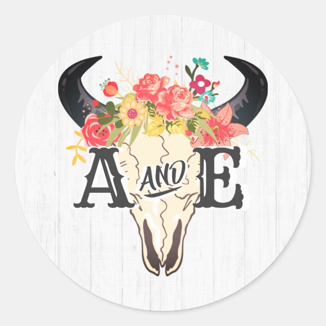 Adesivo Boho Chic Cow Skull Floral Rustic Casamento Monogr (Frente)