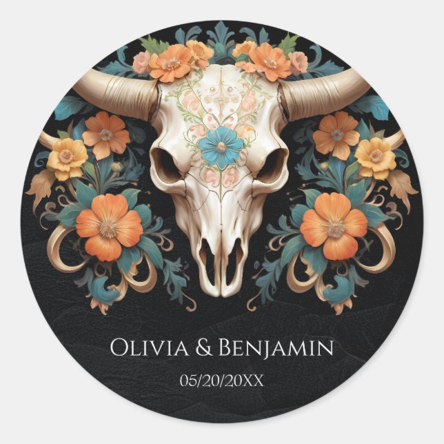 Adesivo Boho Chic Watercolor Vaca Floral Casamento Crânio (Frente)