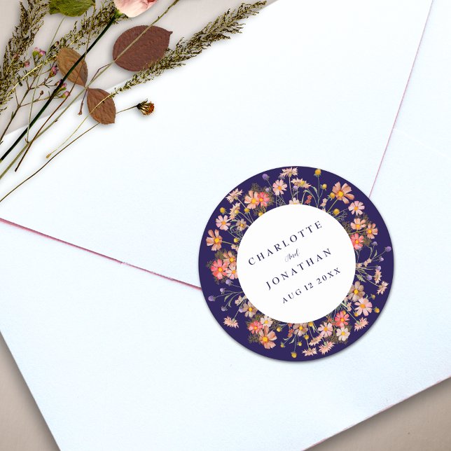 Adesivo Boho Fall Rustic Wildflower Wedding (Boho fall wildflower floral navy blue terracotta burnt orange wedding personalized sticker)