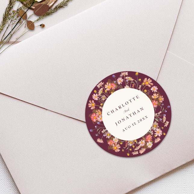 Adesivo Boho Fall Rustic Wildflower Wedding (Boho rustic wildflower floral fall wedding custom sticker burgundy burnt orange terracotta )