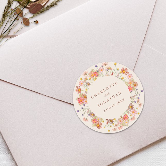 Adesivo Boho Fall Wildflower Personalizado (Boho fall wildflower rustic floral beige burnt orange terracotta personalized wedding stickers)