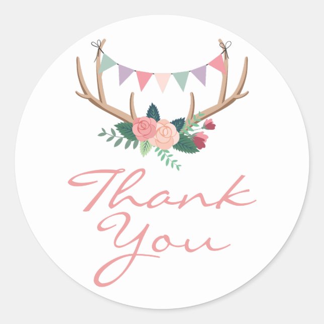 Adesivo Boho Floral Antlers & Shabby Rosa Party Obrigado (Frente)