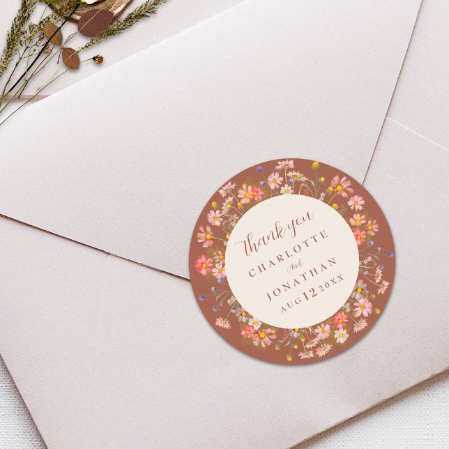 Adesivo Boho Floral Fall Burnt Orange Weding Obrigado (Boho fall rustic Wildflower floral burnt orange and beige Wedding thank you custom stickers)