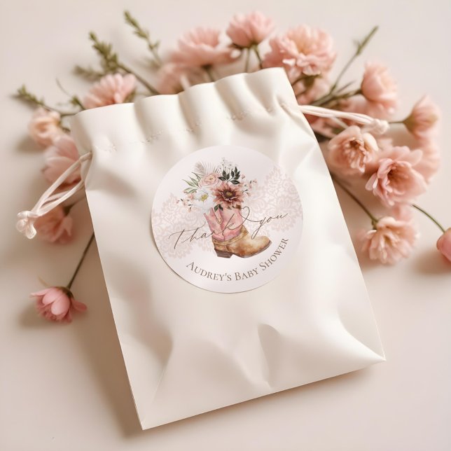 Adesivo Boho Floral Western Pink Boot Obrigado (Boho Floral Western Pink Cowgirl Boot Thank You Classic Round Sticker)