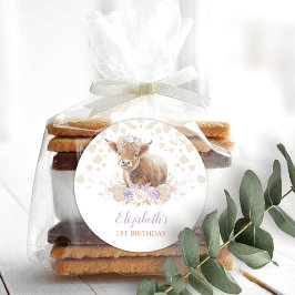 Adesivo Boho Highland Cow Rosas Roxos primeiro aniversario