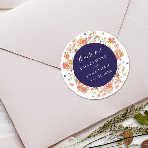 Adesivo Boho Outono Floral Azul Marinho Casamento Obrigada
