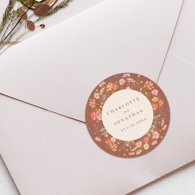 Adesivo Boho Outono Rústico Casamento Floral de Flores Sil (Boho fall rustic wildflower floral burnt Orange terracotta beige custom wedding stickers)