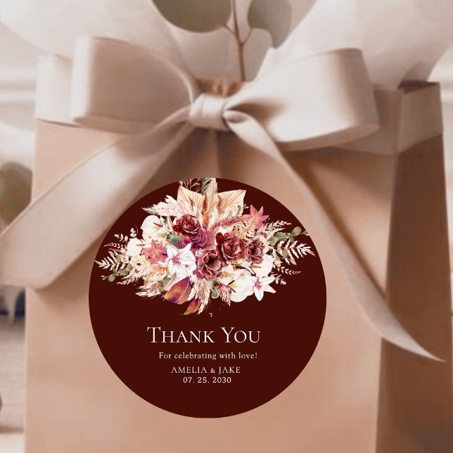 Adesivo Boho Pampas Burgundy Floral Round Wedding  (Criador carregado)